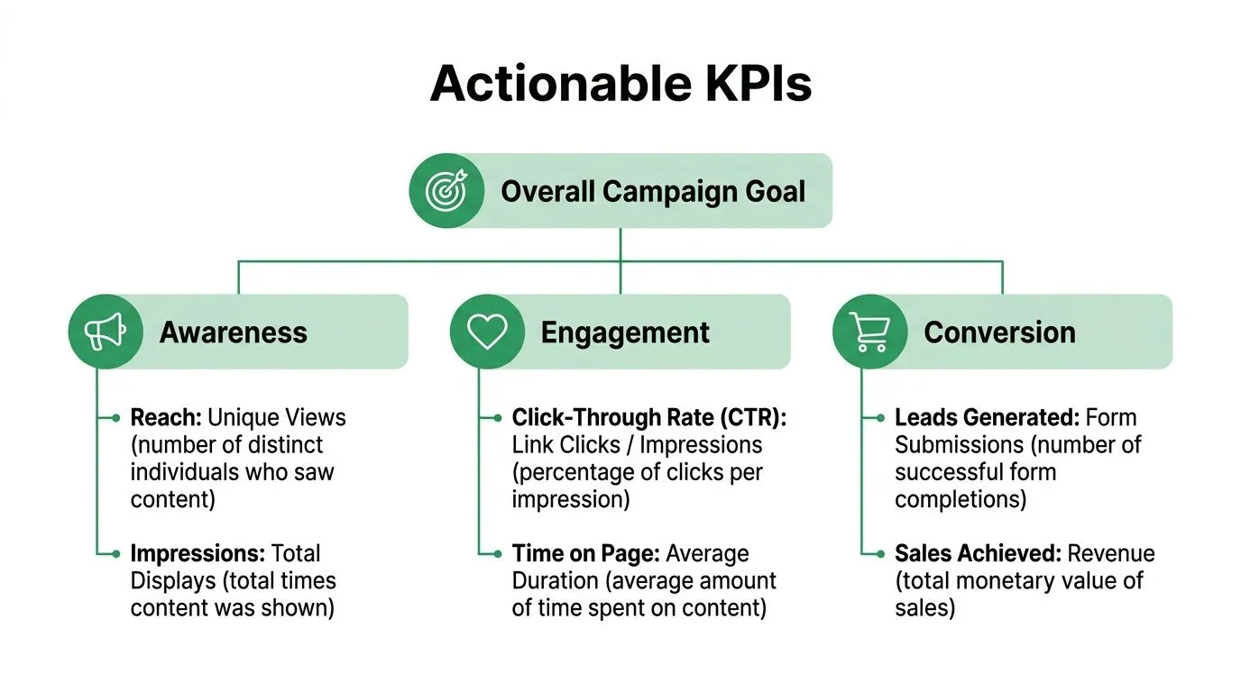 A diagram illustrating actionable KPIs for marketing campaigns, categorized into awareness, engagement, and conversion metrics.