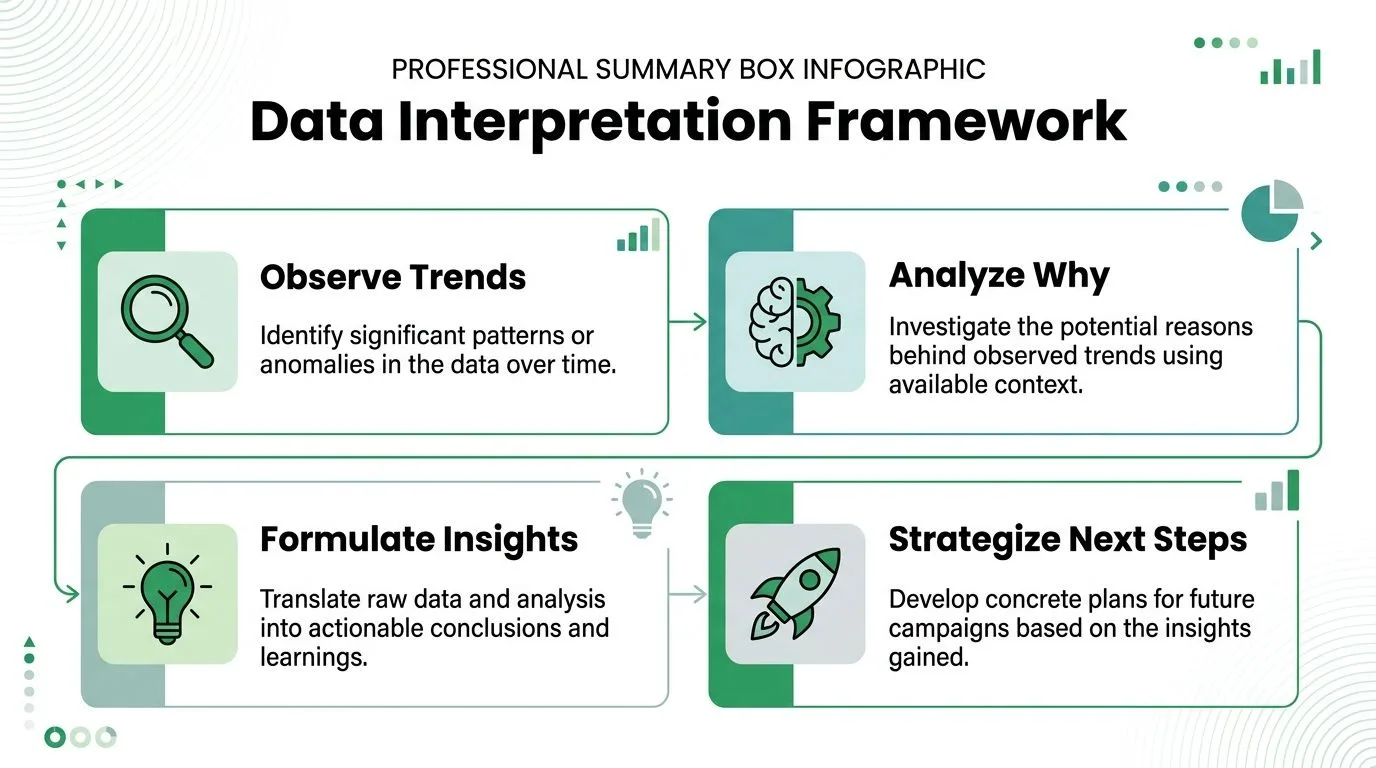 A professional infographic titled Data Interpretation Framework outlining four steps for effective data analysis and strategy.