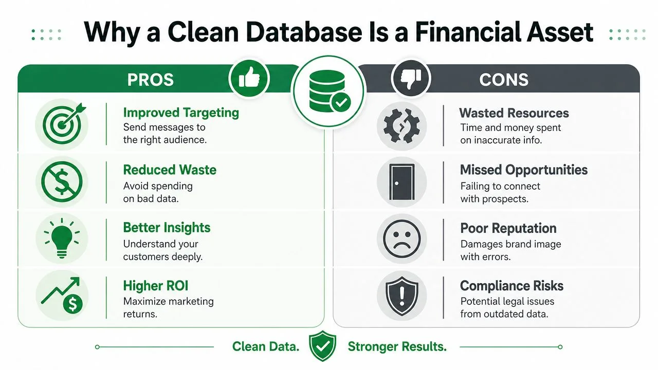 An infographic titled Why a Clean Database Is a Financial Asset listing pros and cons of data quality.