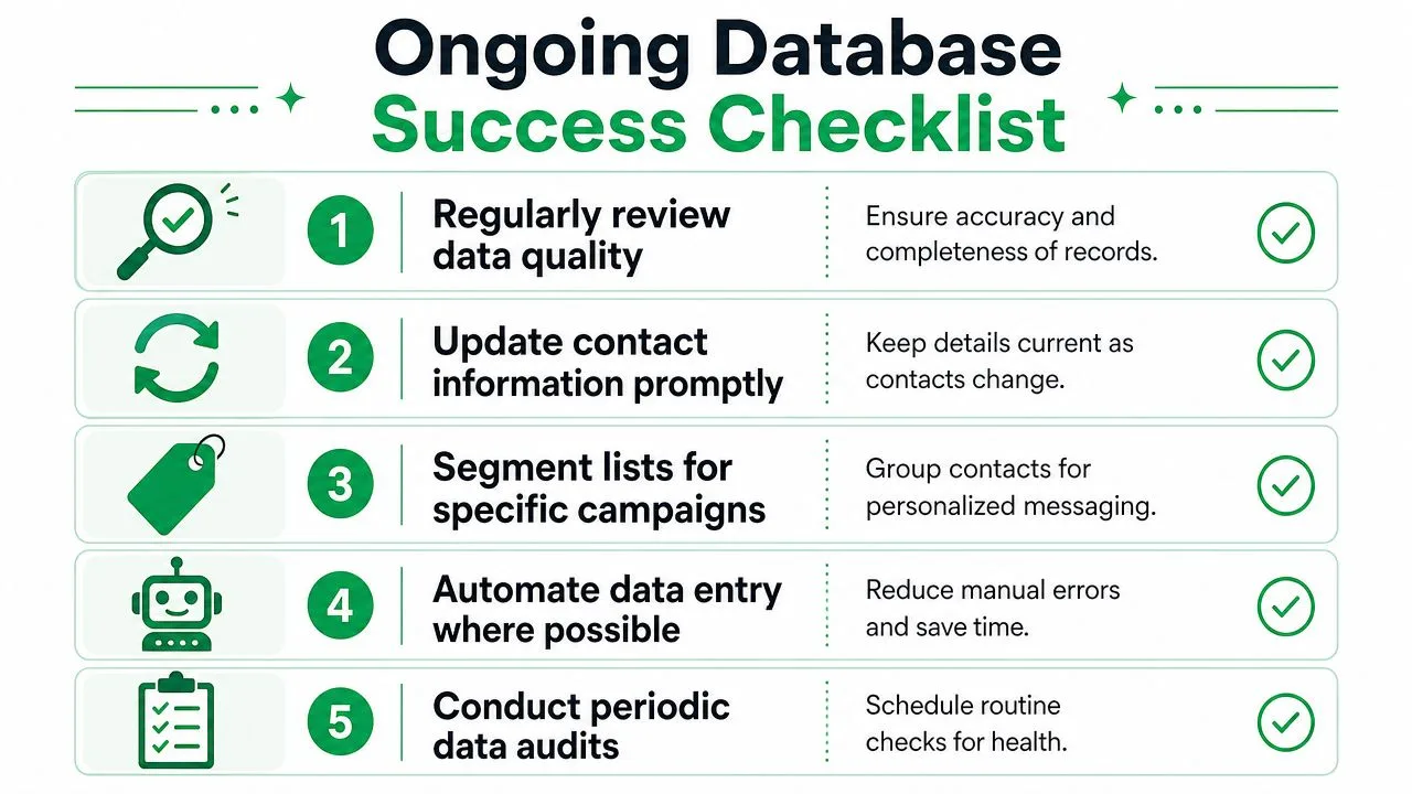 A five-point checklist for successful ongoing database management with icons illustrating key data maintenance tasks.