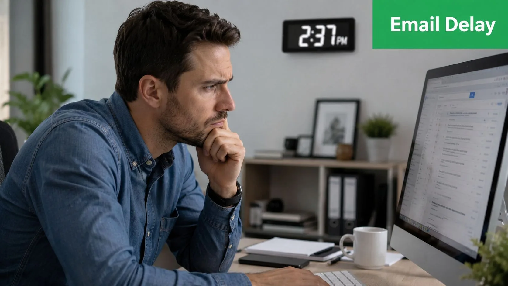A concerned professional looking at his computer screen while experiencing a delay in his email delivery.