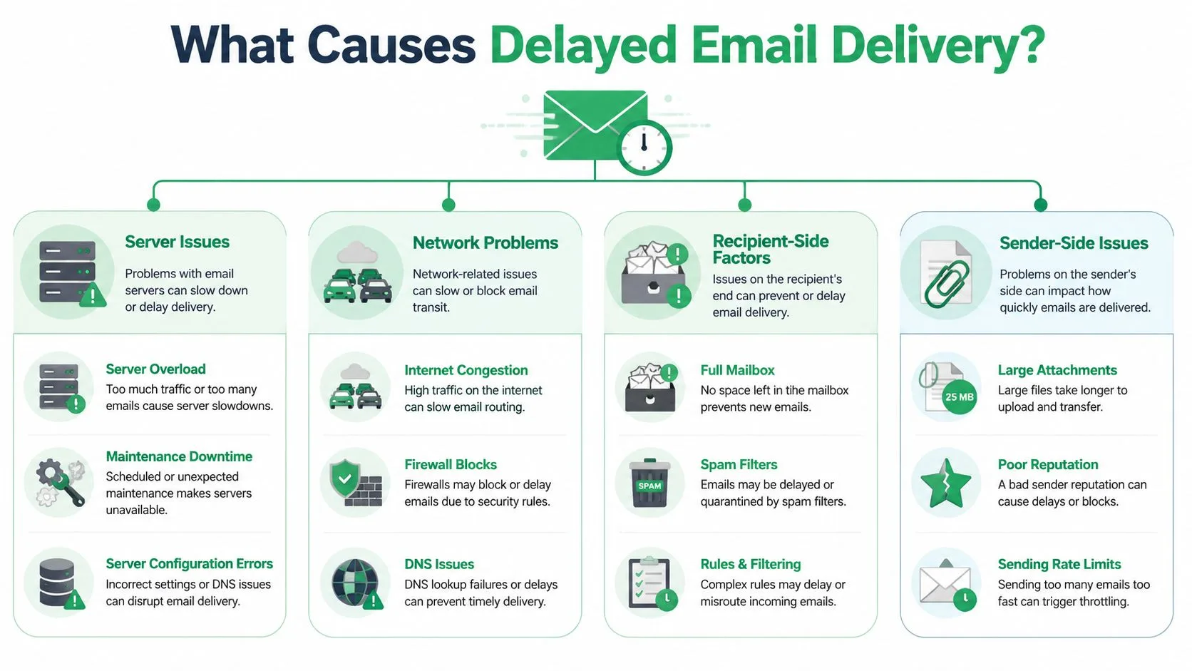 An infographic showing four common categories that cause delayed email delivery, including server, network, recipient, and sender issues.