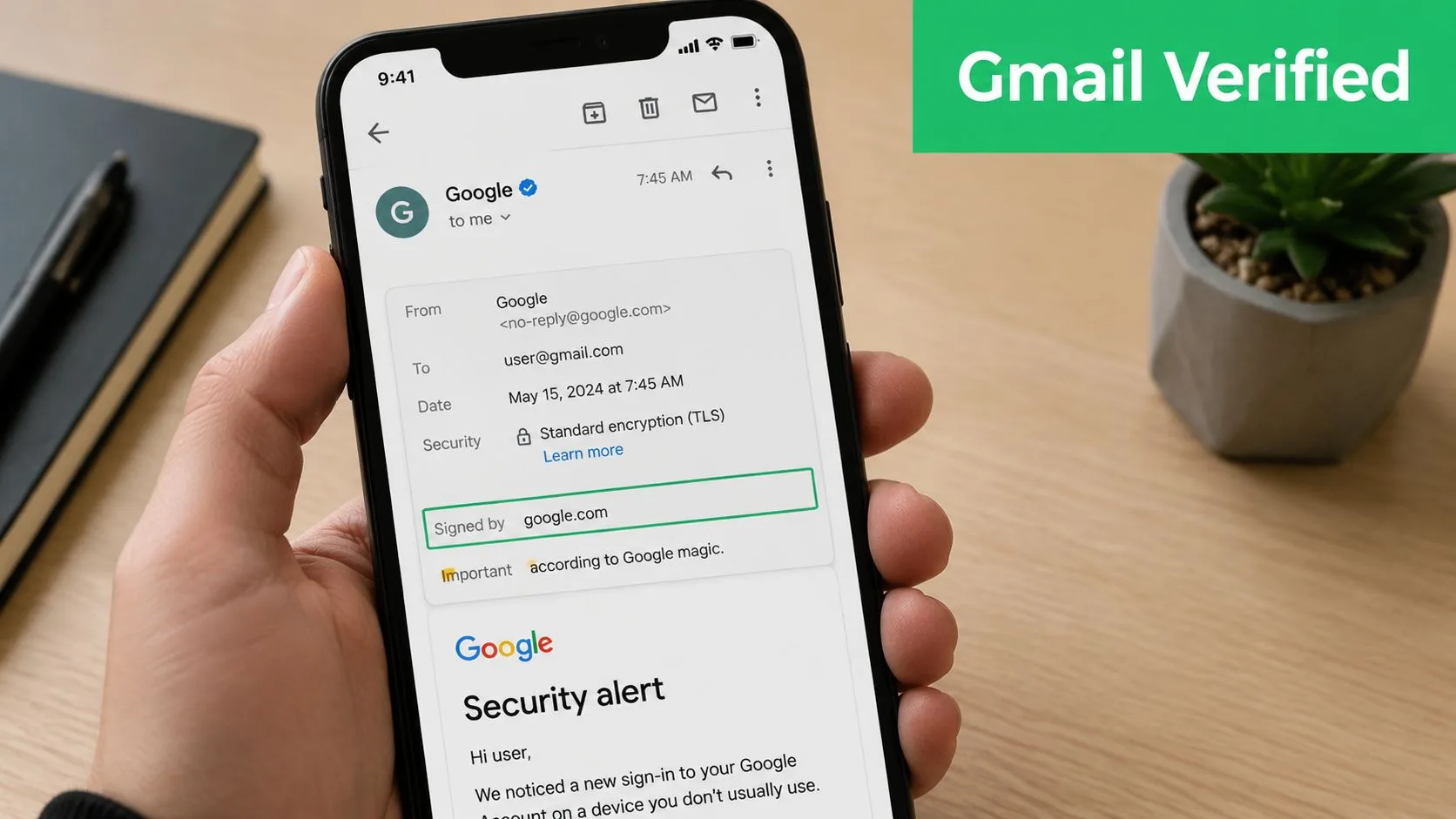 هاتف ذكي في يد يعرض رسالة تنبيه أمان من Google تم التحقق منها في تطبيق Gmail.
