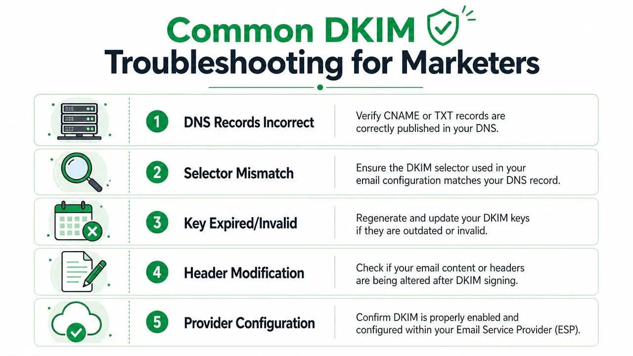 رسم بياني بعنوان استكشاف أخطاء DKIM الشائعة للمسوقين يوضح خمس خطوات رئيسية لحل أخطاء مصادقة البريد الإلكتروني.