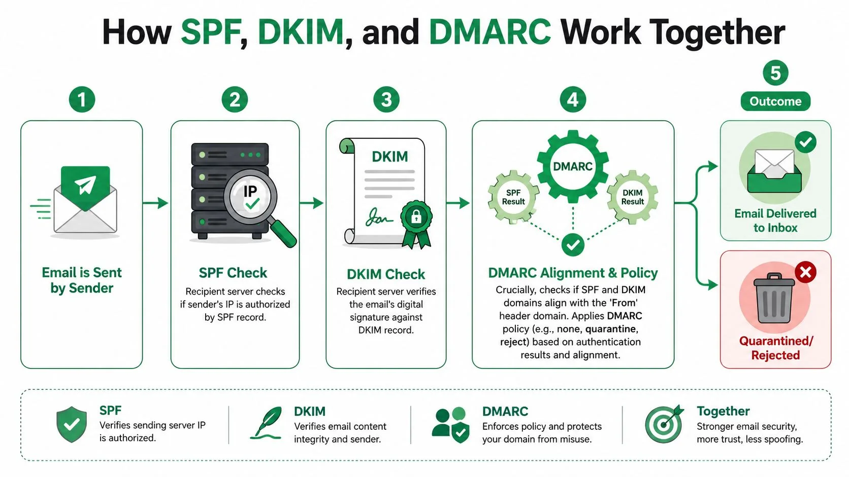 SPF、DKIM、DMARCプロトコルがどのように連携してメールを認証し、セキュリティを向上させるかを説明するフローチャート。