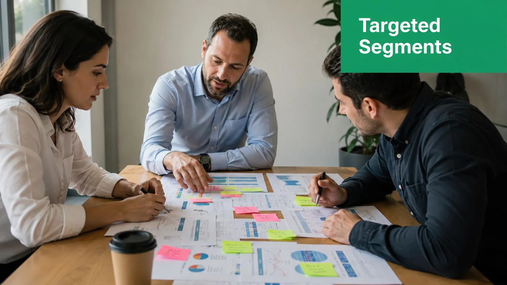 Uma equipe diversificada de profissionais colaborando em torno de uma mesa revisando documentos e gráficos para um projeto de negócios.