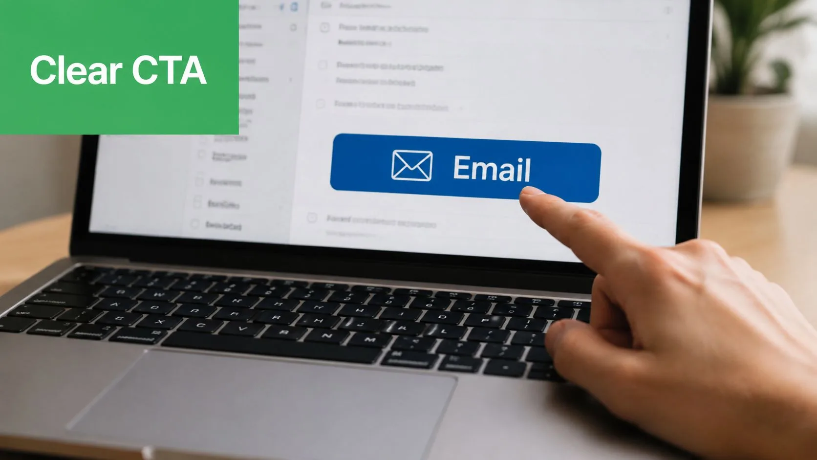 Uma pessoa apontando o dedo para um botão azul de chamada para ação de e-mail na tela de um laptop.