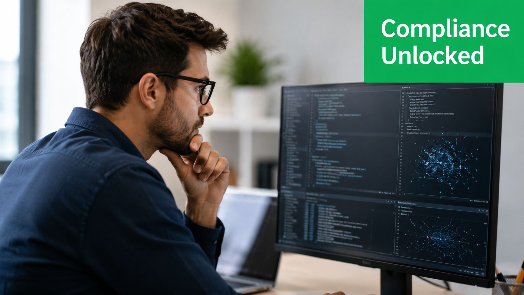 A focused man wearing glasses looks at code and complex data visualizations on his computer monitor.