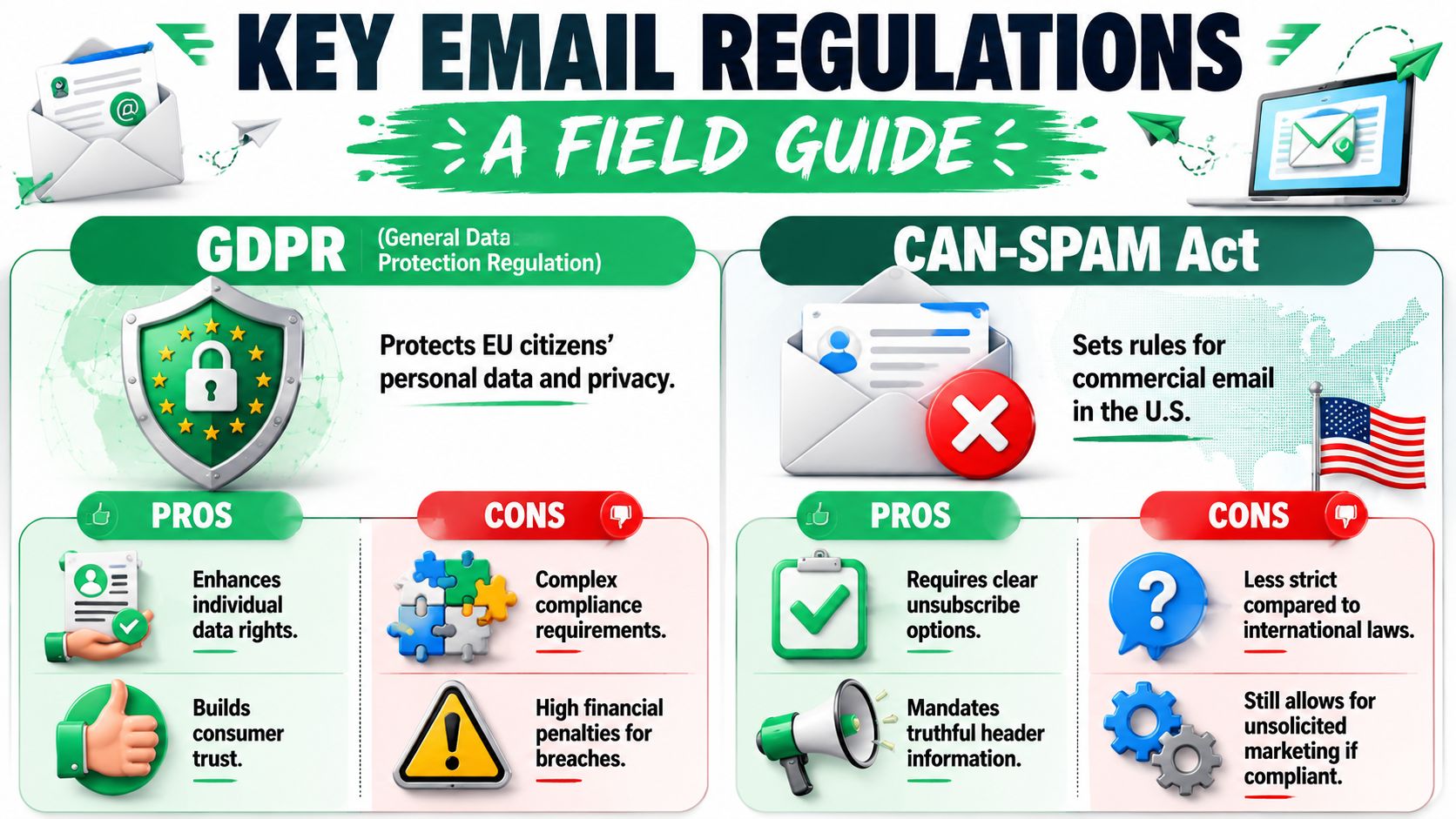 An infographic comparing GDPR and CAN-SPAM Act regulations for email marketing, highlighting pros and cons of each.