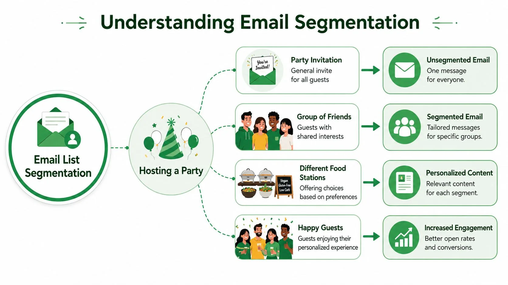 A flowchart infographic explaining how email list segmentation works using a party hosting analogy.