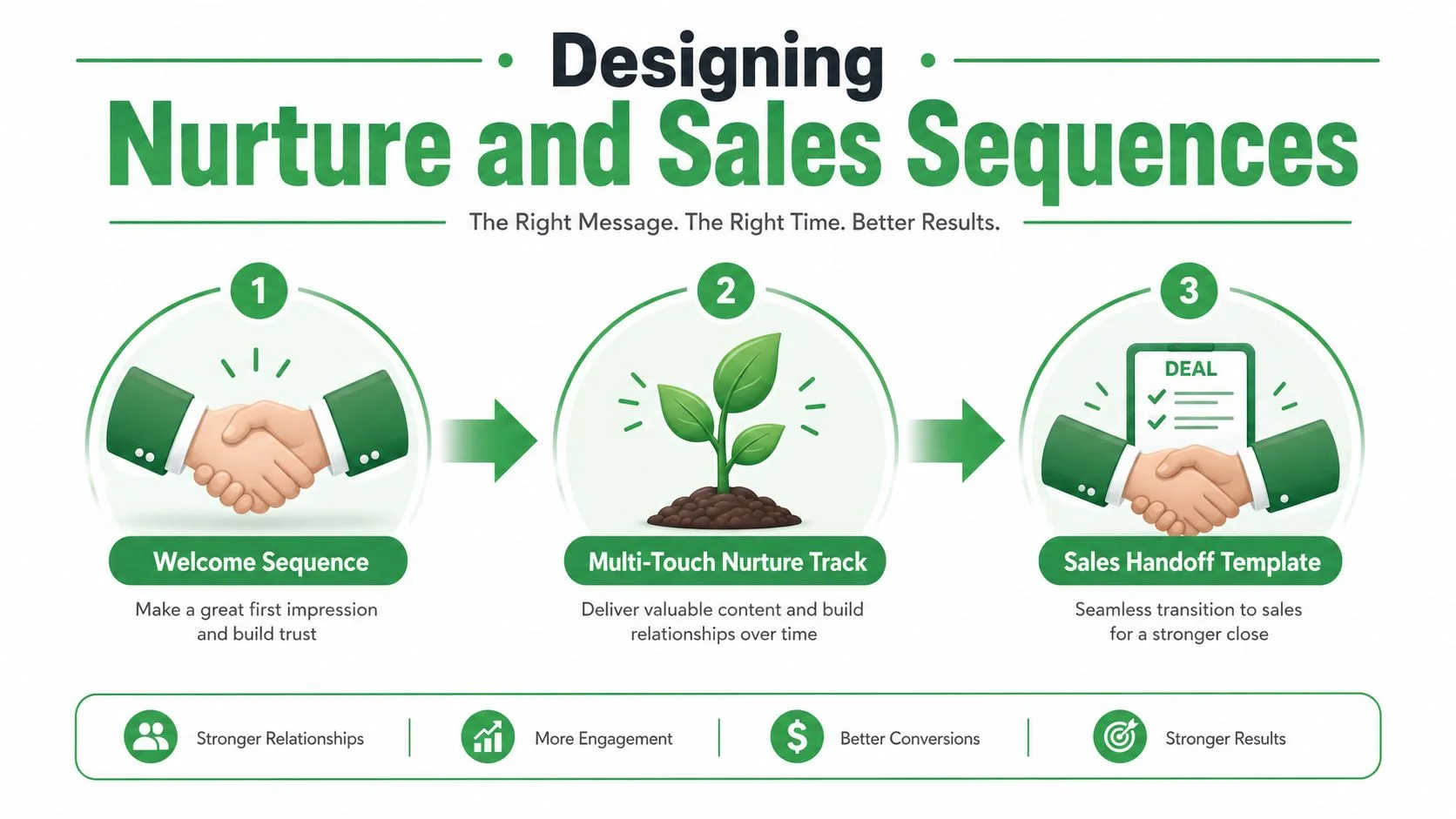 A diagram outlining a three-step process for creating effective email marketing nurture and sales sequences.