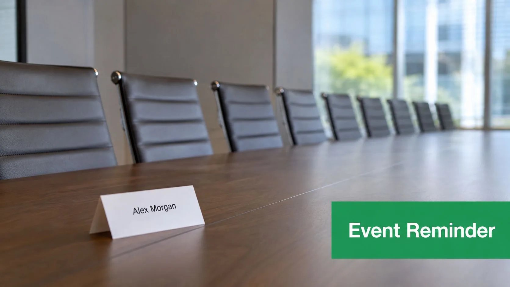 A name plate for Alex Morgan placed on a wooden conference table in a modern boardroom.