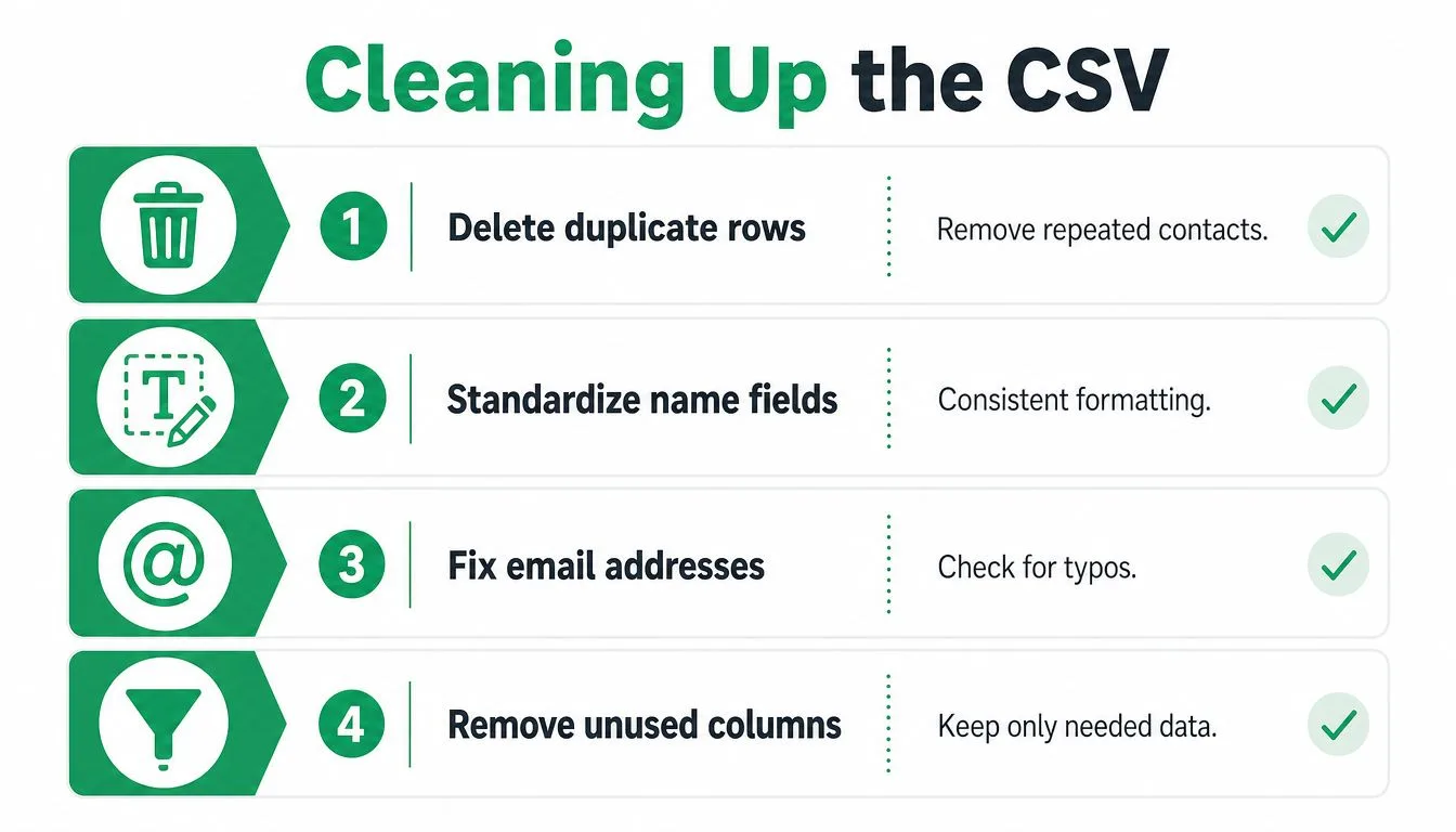 An infographic titled Cleaning Up the CSV showing four steps to organize and clean contact data.