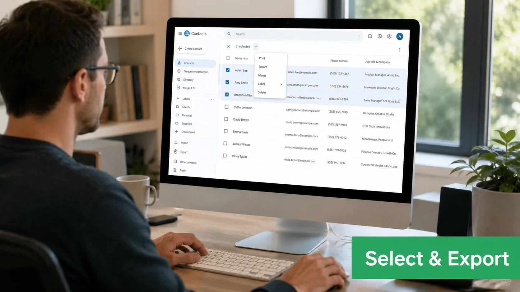 บุคคลที่นั่งอยู่ที่โต๊ะทำงานและมองไปที่หน้าจอคอมพิวเตอร์ที่แสดง Google Contacts โดยมีการเลือกรายการไว้หลายรายการ