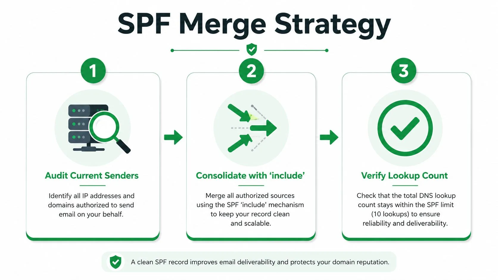 A three-step infographic illustrating a strategic guide for merging and managing SPF records for email authentication.