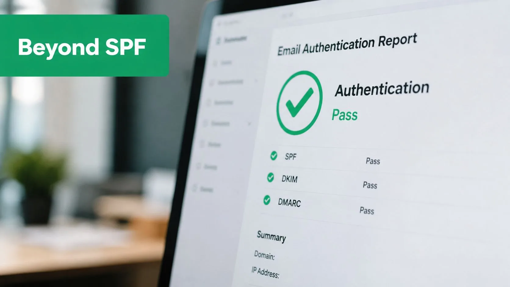 A digital screen displaying an email authentication report showing passed checks for SPF, DKIM, and DMARC protocols.