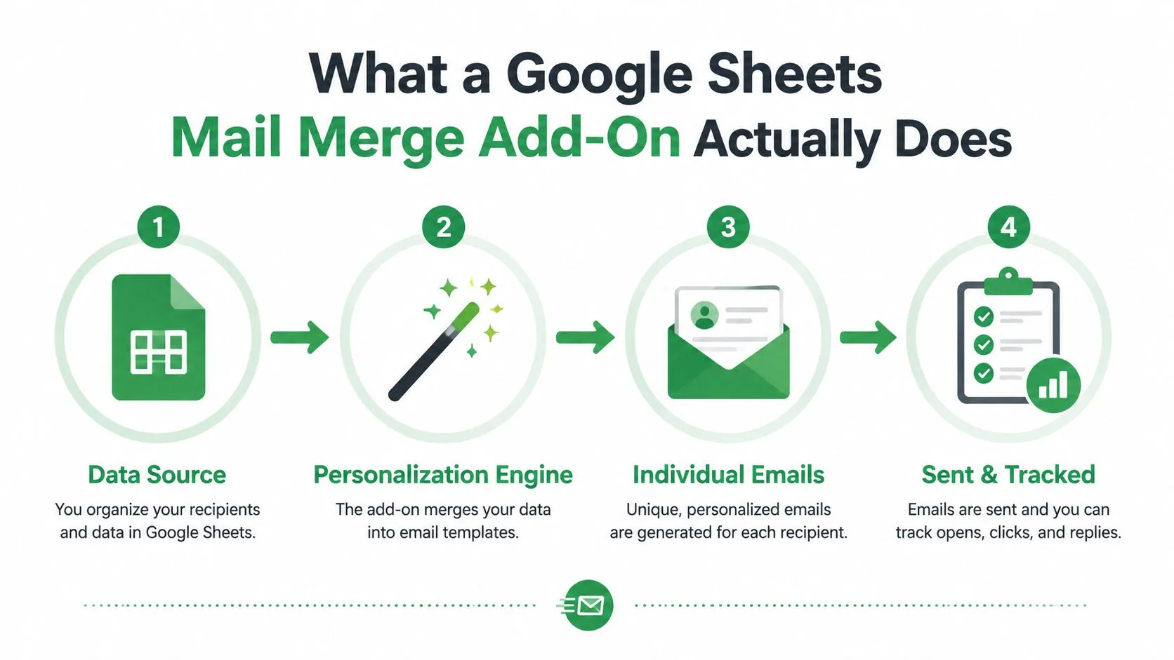 Google Sheets 메일 머지 애드온이 개인화된 이메일 캠페인을 효율적으로 자동화하는 방법을 설명하는 4단계 인포그래픽.