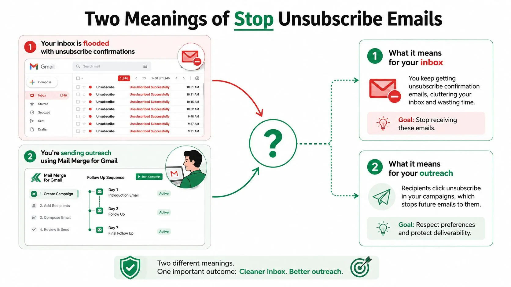 An infographic explaining the two different meanings of stop unsubscribe emails regarding inbox clutter and outreach campaigns.