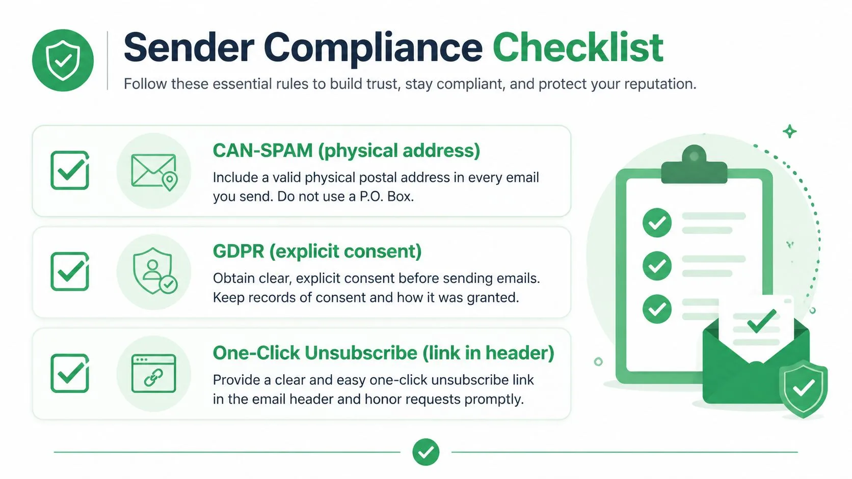 A green checklist infographic outlining essential email sender compliance rules including CAN-SPAM, GDPR, and one-click unsubscribe links.