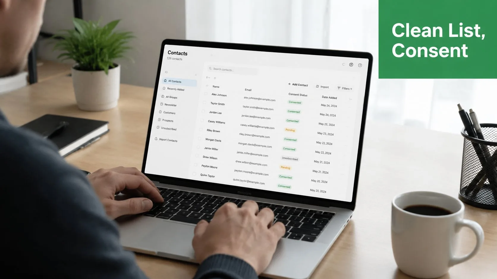 Eine Person, die einen Laptop verwendet, um eine saubere Kontaktliste mit Einwilligungsstatus für E-Mail-Marketing zu verwalten.