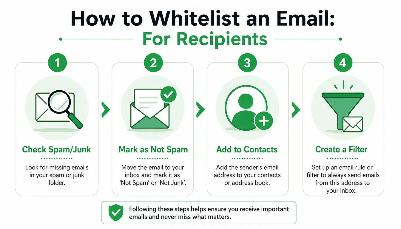 Eine Infografik, die vier einfache Schritte zeigt, wie Empfänger eine E-Mail auf die Whitelist setzen können.