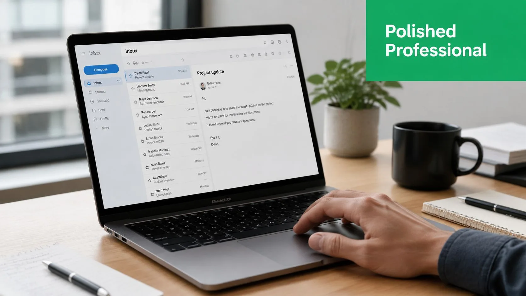 Ein professioneller Laptop auf einem Holztisch, der einen Posteingang mit einer E-Mail zu einem Projekt-Update anzeigt.