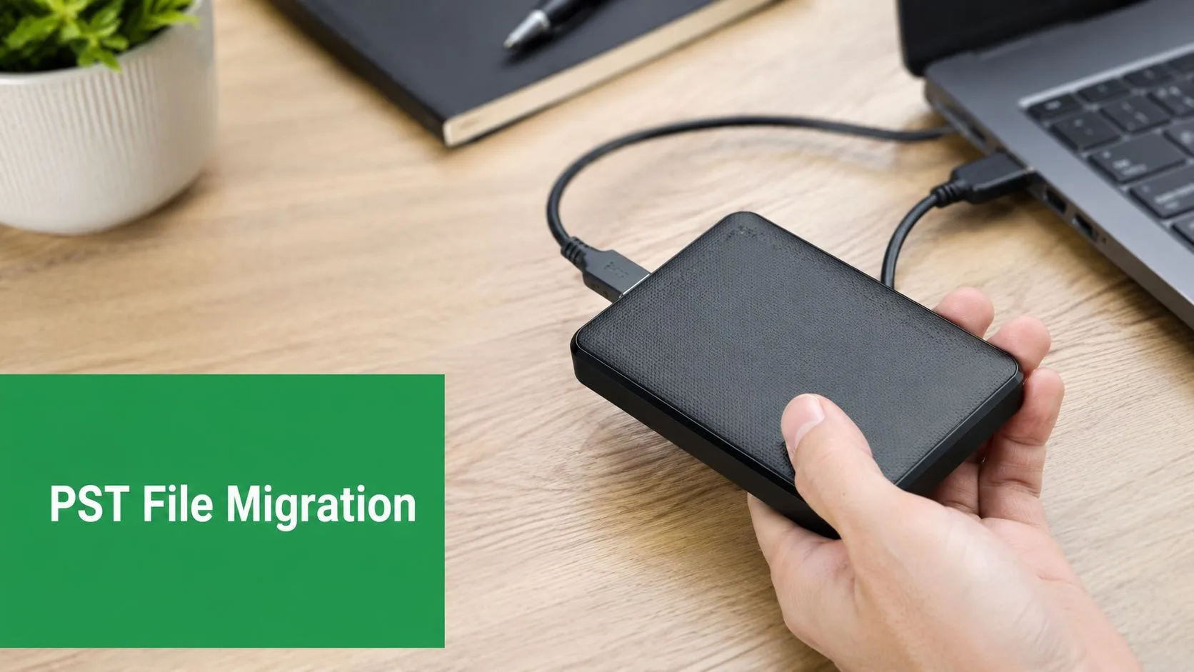 A hand holding a portable external hard drive connected to a laptop for data backup or migration.