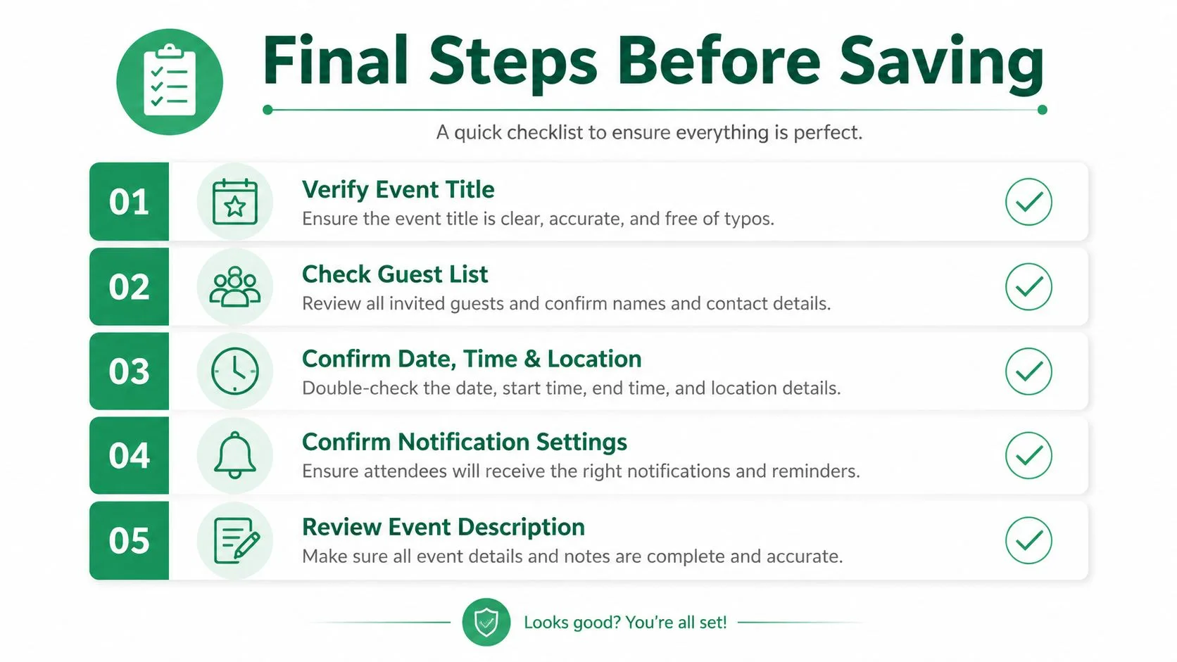 A checklist titled Final Steps Before Saving for verifying event details in a digital calendar or planner.