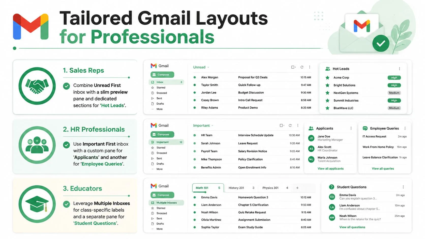 A visual guide showing three tailored Gmail layout configurations designed for sales professionals, human resources, and educators.