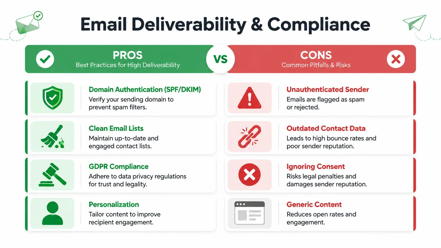 A comparison chart highlighting best practices for email deliverability versus common pitfalls and compliance risks for marketers.