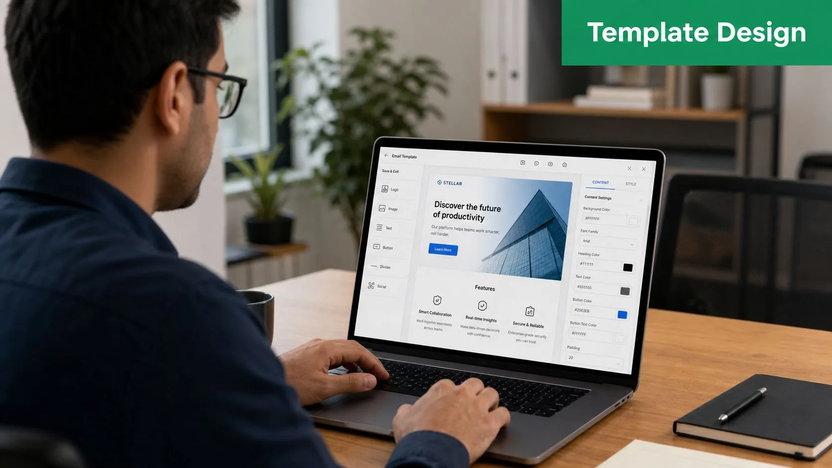 Un uomo professionista che lavora a un progetto di design di modelli di email sul suo portatile a una scrivania di legno.