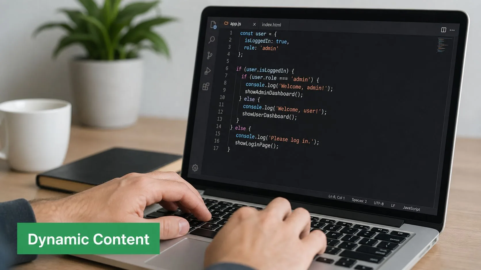 Una persona che scrive codice JavaScript sullo schermo di un portatile con la logica condizionale del ruolo utente.