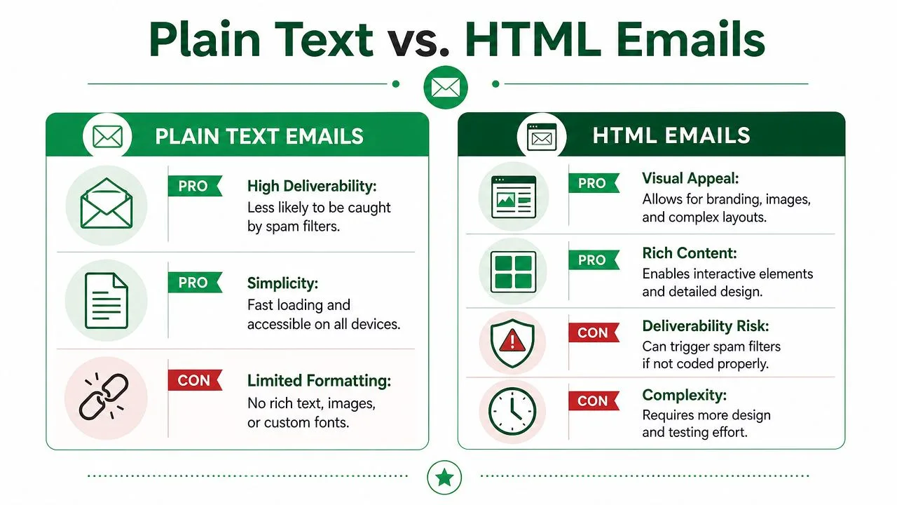 Un grafico di confronto che delinea i pro e i contro del testo semplice rispetto alle email HTML per il marketing.