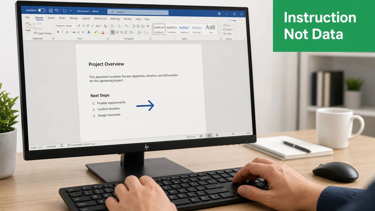 A person working at a computer screen displaying a document with a project overview and list.