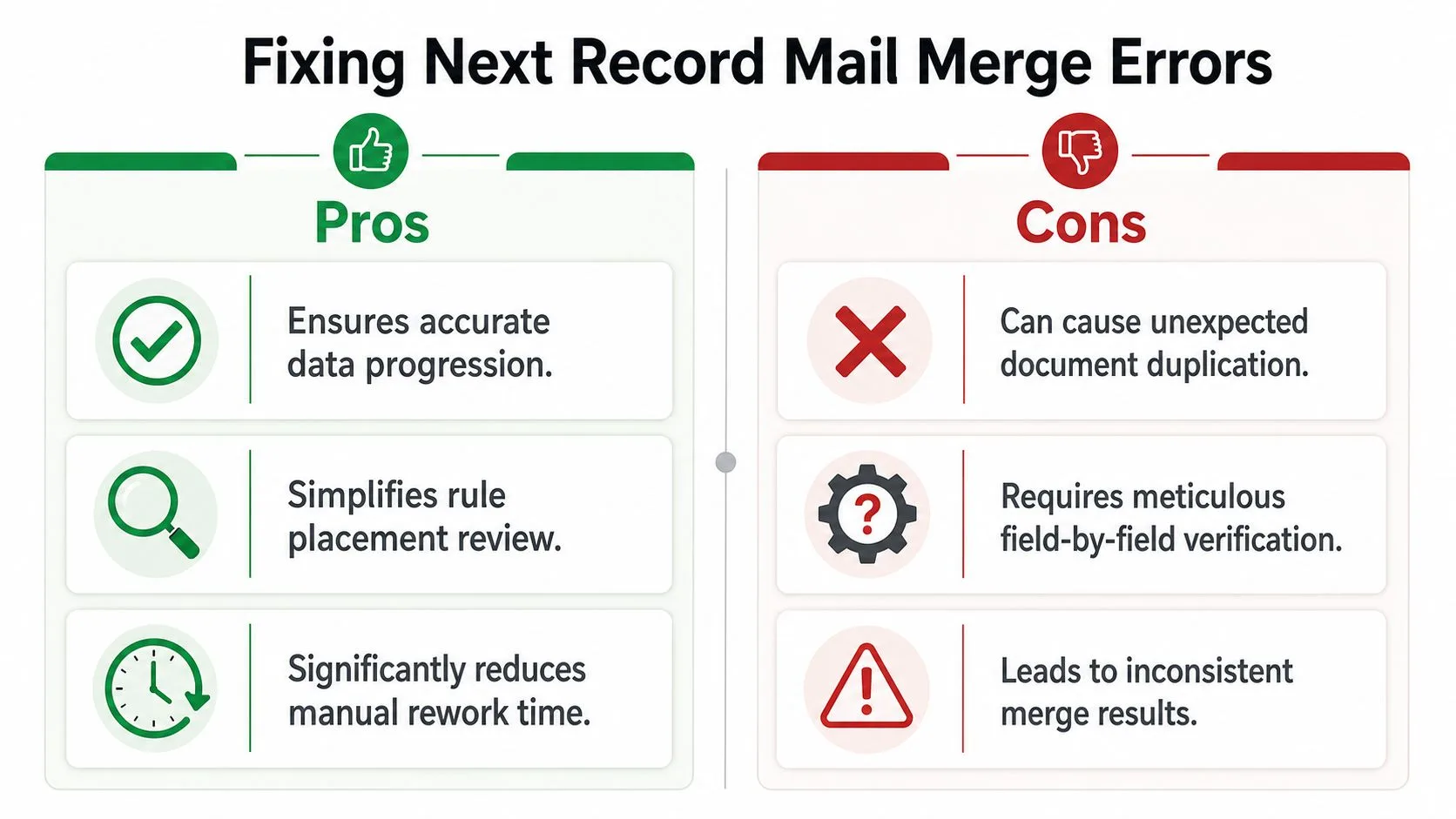 A comparison chart highlighting the pros and cons of using next record rules in mail merge processes.