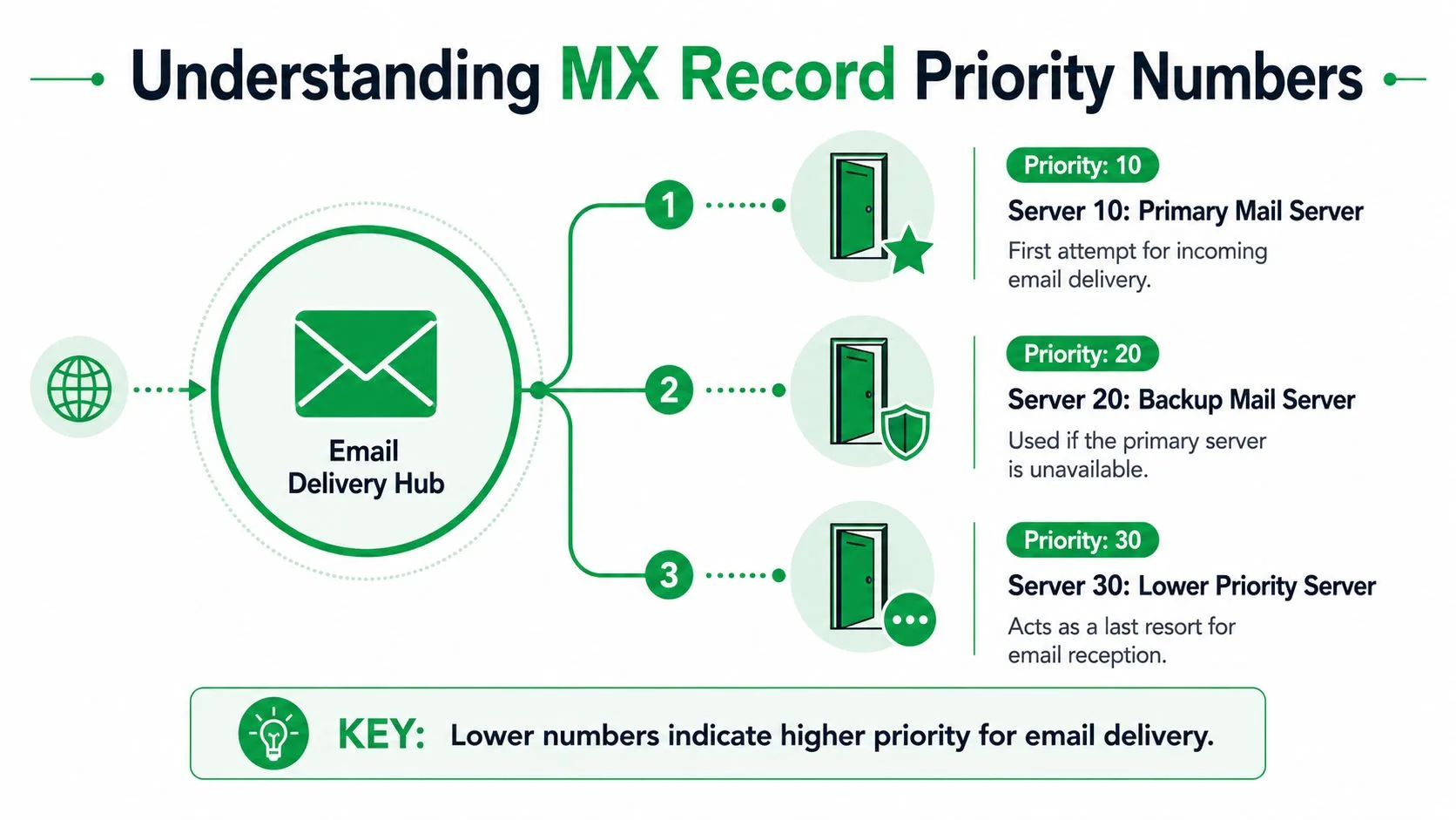 A diagram illustrating MX record priority numbers for email delivery from the hub to servers.