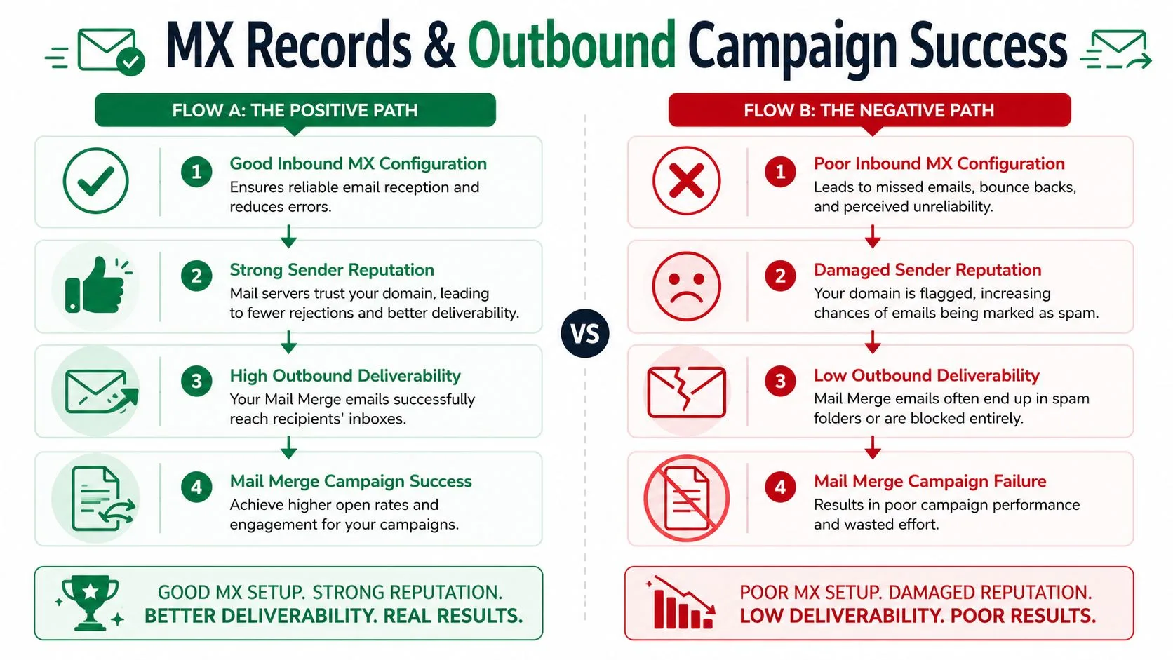 A flow chart comparing good and poor MX record configurations and their impact on email campaign success.