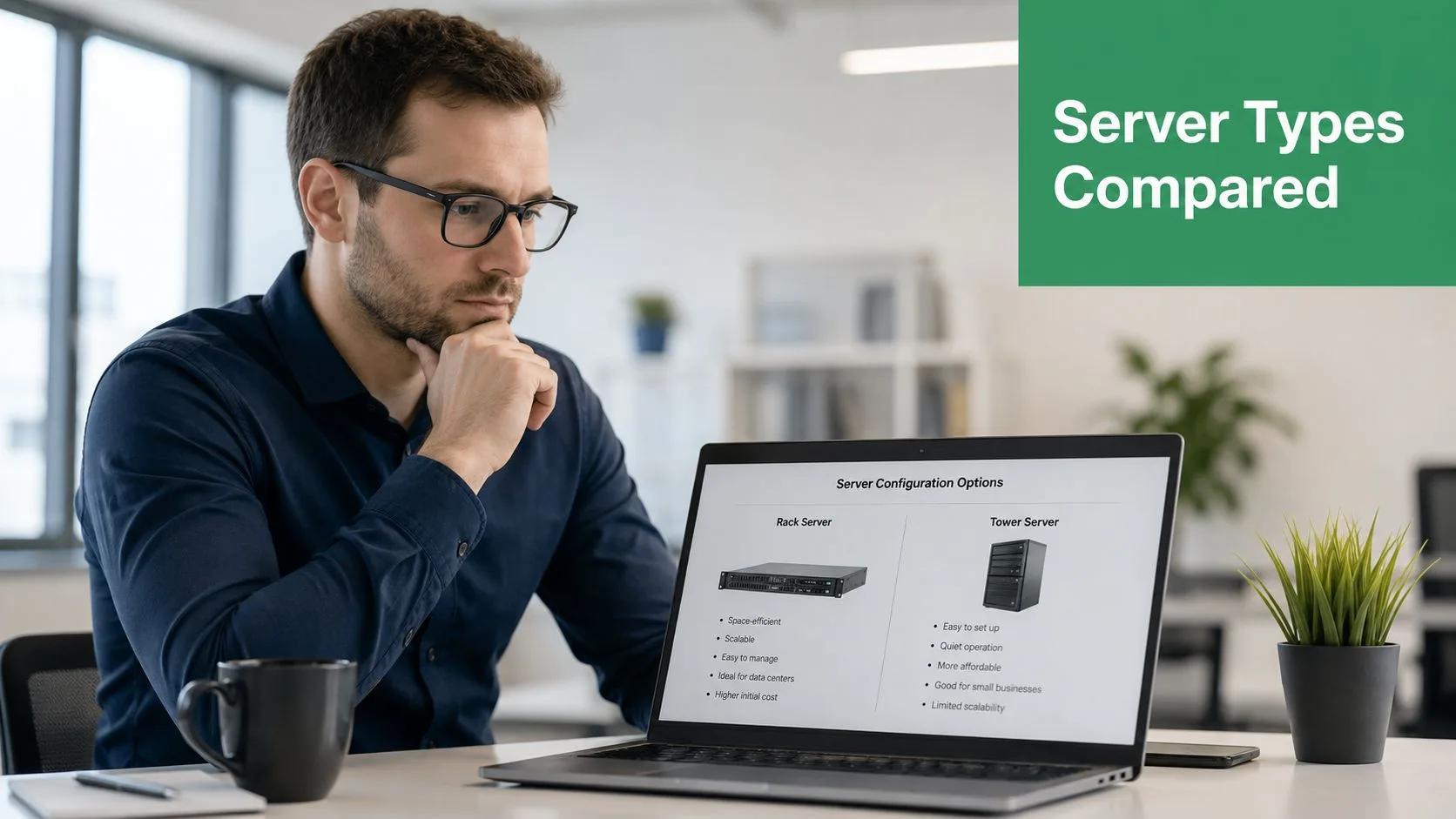 Ein professioneller Mann, der auf seinem Laptop-Bildschirm ein Vergleichsdiagramm von Rack- und Tower-Servern überprüft.