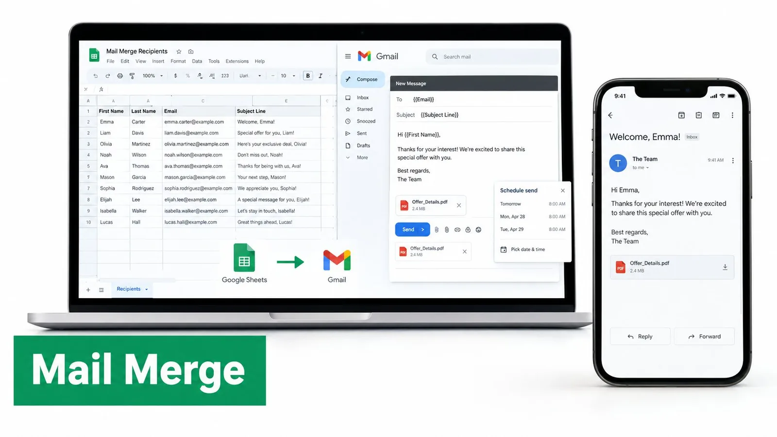 A Gmail and Google Sheets mail merge workflow scene, showing a spreadsheet with recipient rows, merge fields for first n