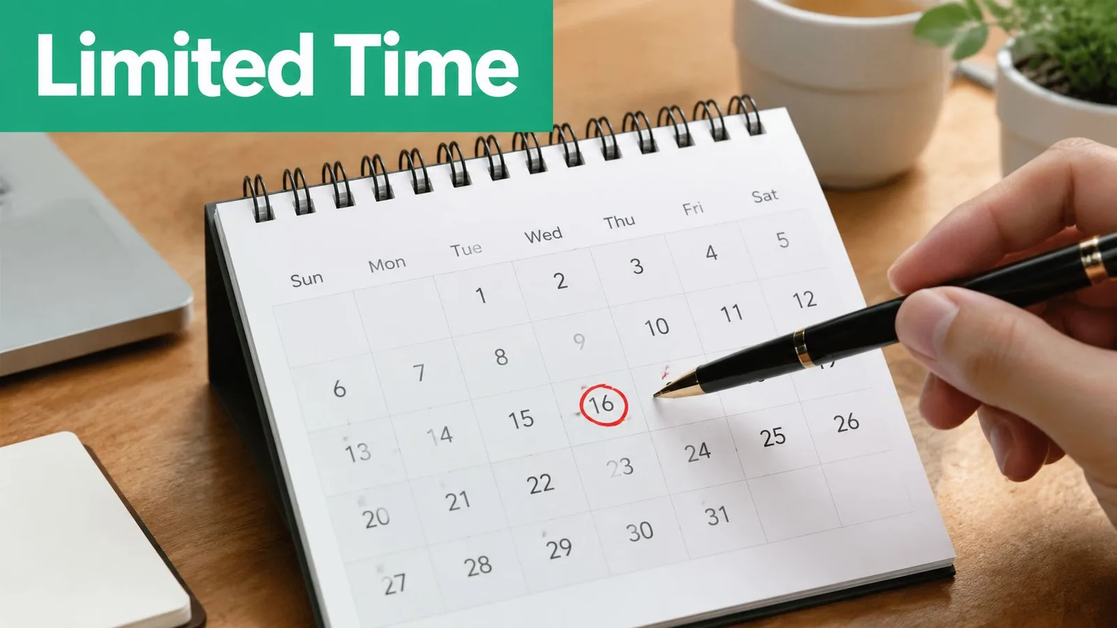 A person holding a pen over a desk calendar with the date the 16th circled in red.