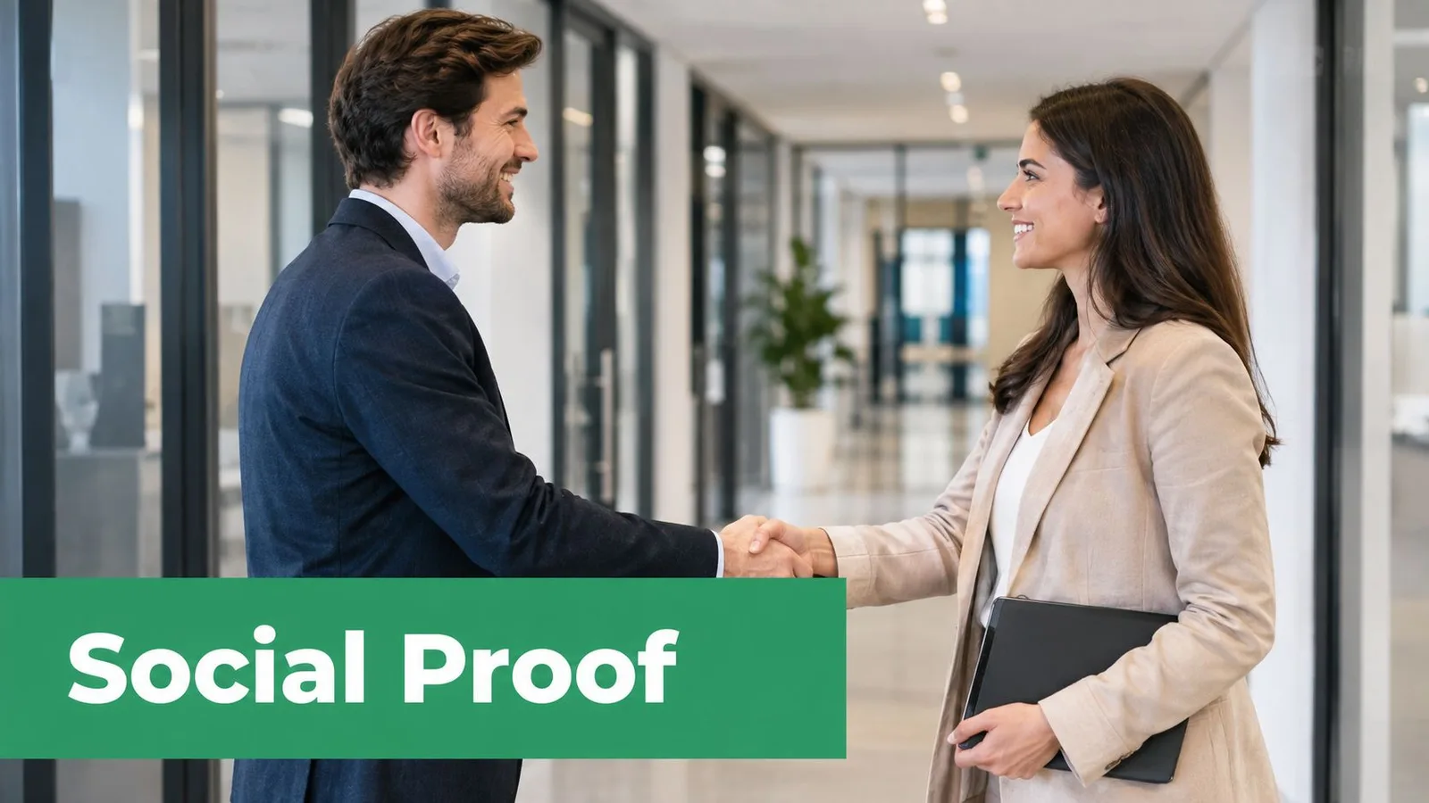 A professional man and woman shaking hands in a bright office hallway, representing a successful business connection.