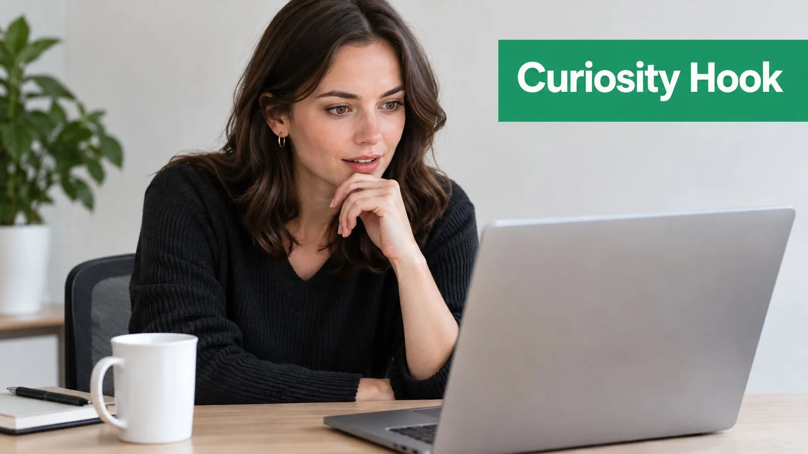 A professional woman sitting at a desk looking curiously at her laptop screen while working remotely.