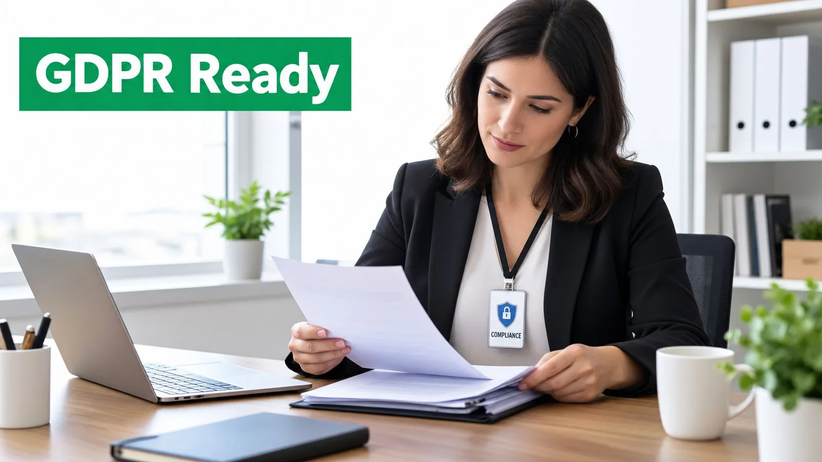A professional woman in a business suit reviewing compliance documents at her clean office desk.