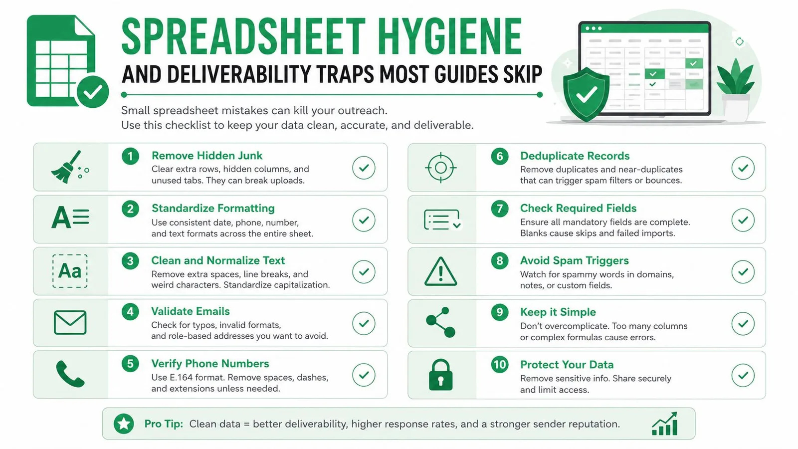A ten-point checklist for spreadsheet hygiene to ensure data accuracy and improve email marketing deliverability rates.