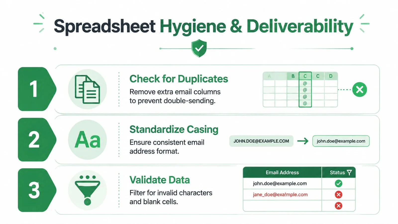 A visual guide for spreadsheet hygiene and deliverability, featuring tips to manage email lists effectively.