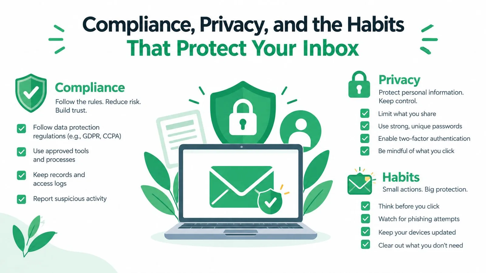 An infographic outlining best practices for email security, including compliance standards, privacy tips, and safe digital habits.