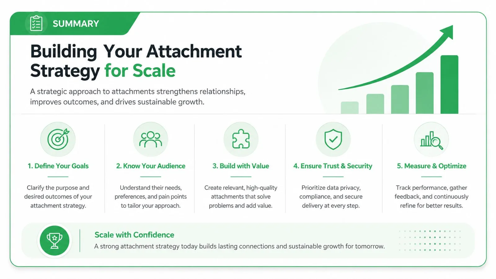 A strategic infographic outlining five essential steps to develop an effective attachment strategy for sustainable business growth.