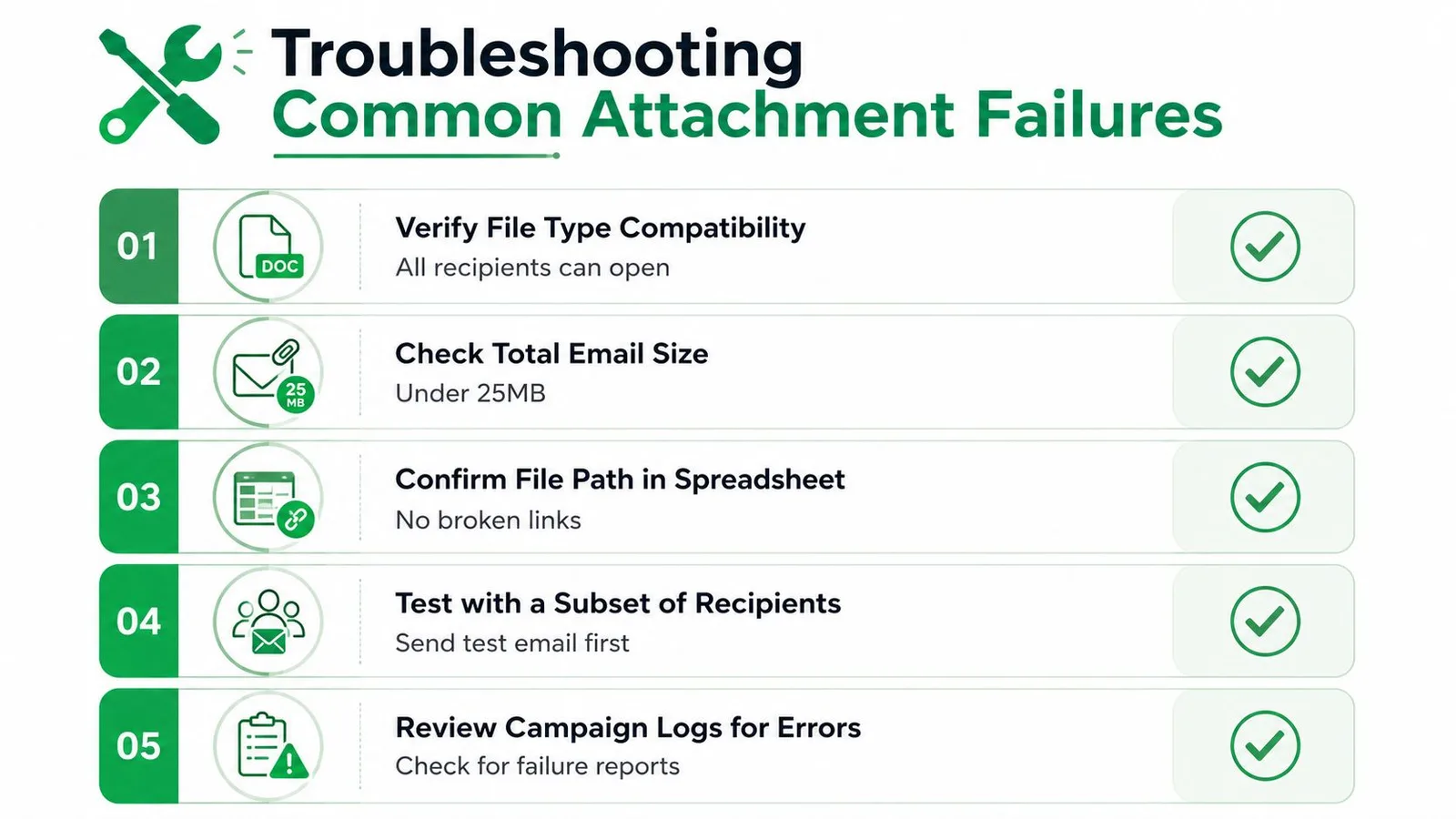An infographic titled Troubleshooting Common Attachment Failures outlining five numbered steps for fixing email attachment issues.