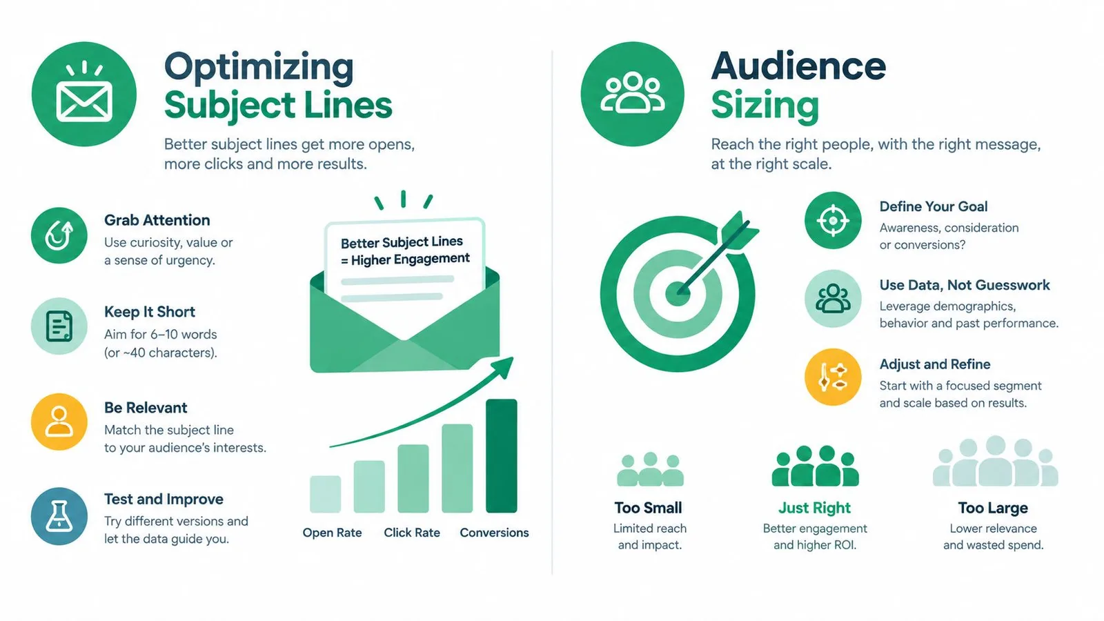 An infographic showing tips for email marketing strategy, including optimizing subject lines and defining audience sizing.