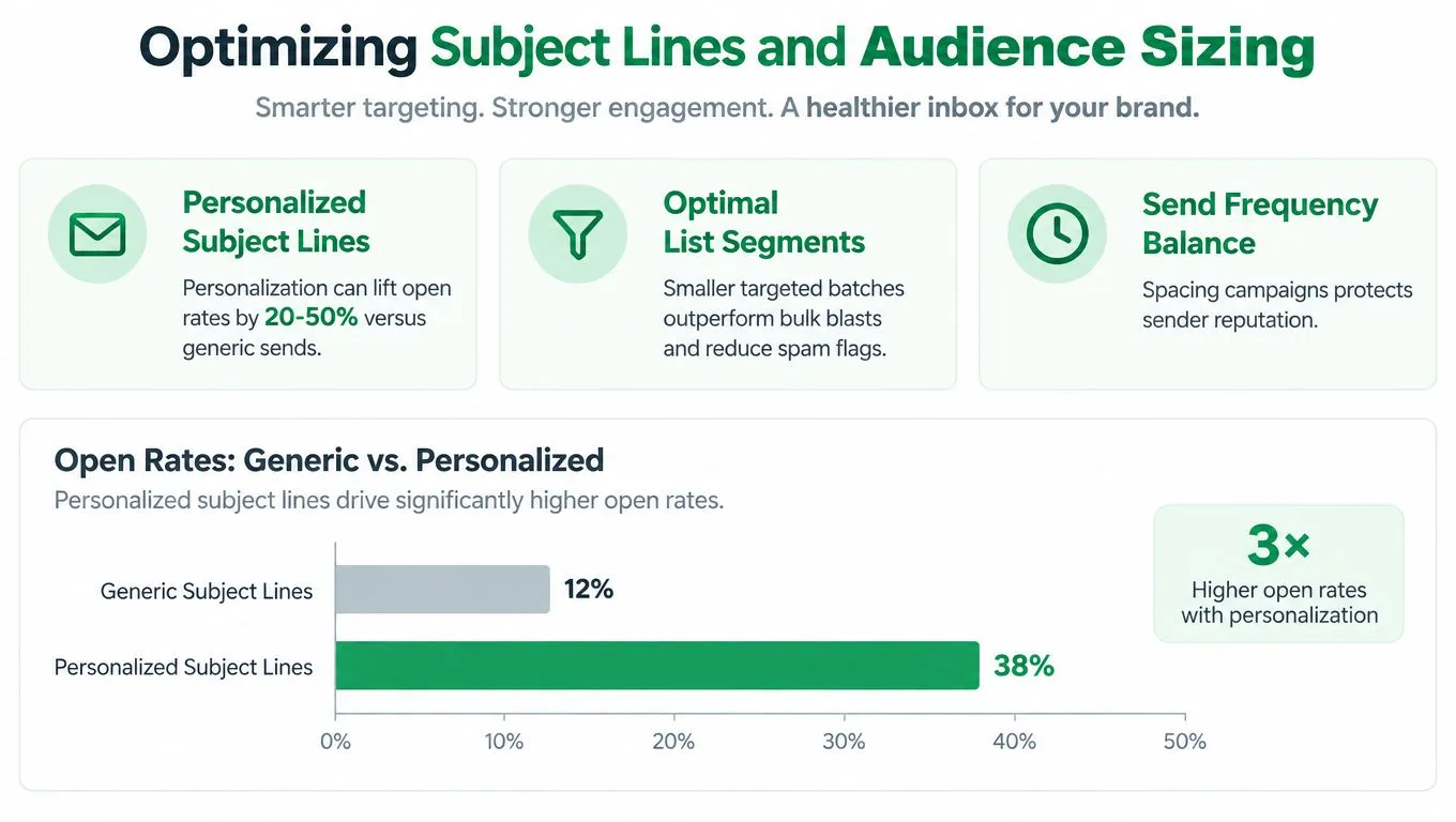 An infographic showing how personalized subject lines and list segmentation improve email marketing campaign open rates.